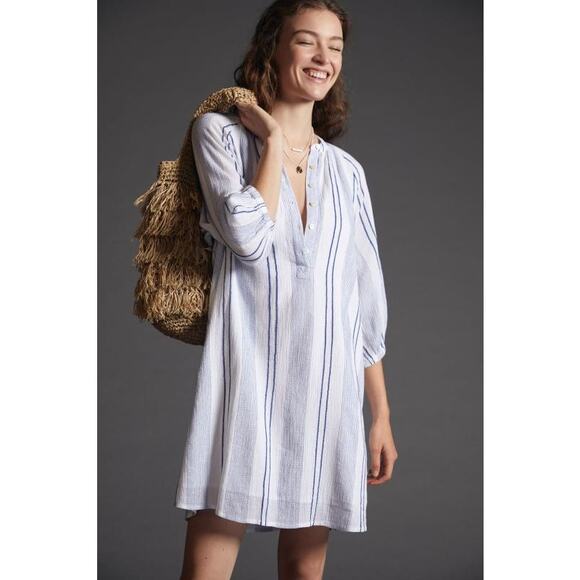 New Anthropologie Sundry Striped Henley Mini Dress $188 SMALL (1) White/Blue - Picture 4 of 4
